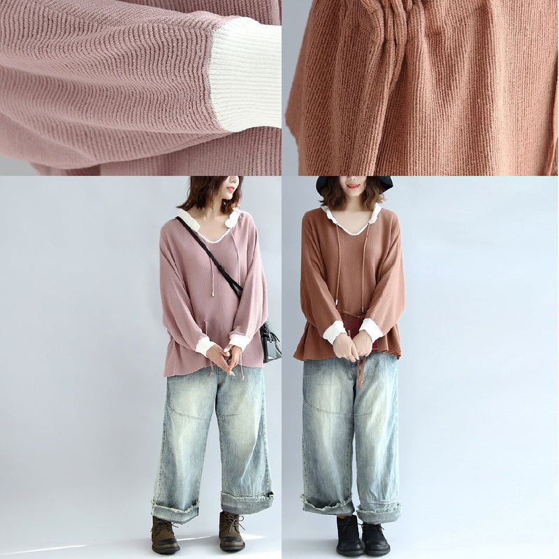 Brown Cotton Sweaters Pullover Drawstring Long Sleeve Knit Tops