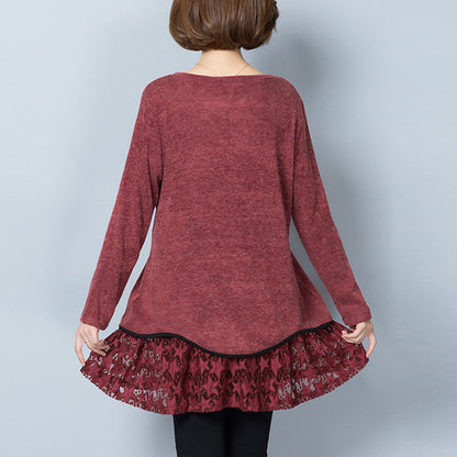 Burgundy False Two Pieces Knit Pullover Dresses O Neck Mid Dress