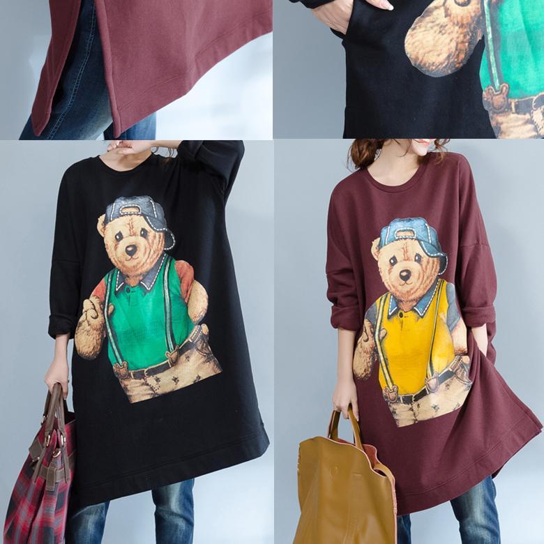 Burgundy Cotton Traveling Dress Oversize O Neck Cartoon Print Maternity Dress