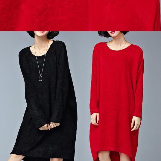 Burgundy Low High Cotton Knit Dresses Sweater Dress