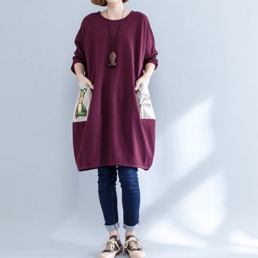 Burgundy Pockets Prints Cotton Dress O Neck Baggy Dress