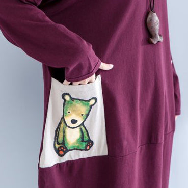 Burgundy Pockets Prints Cotton Dress O Neck Baggy Dress