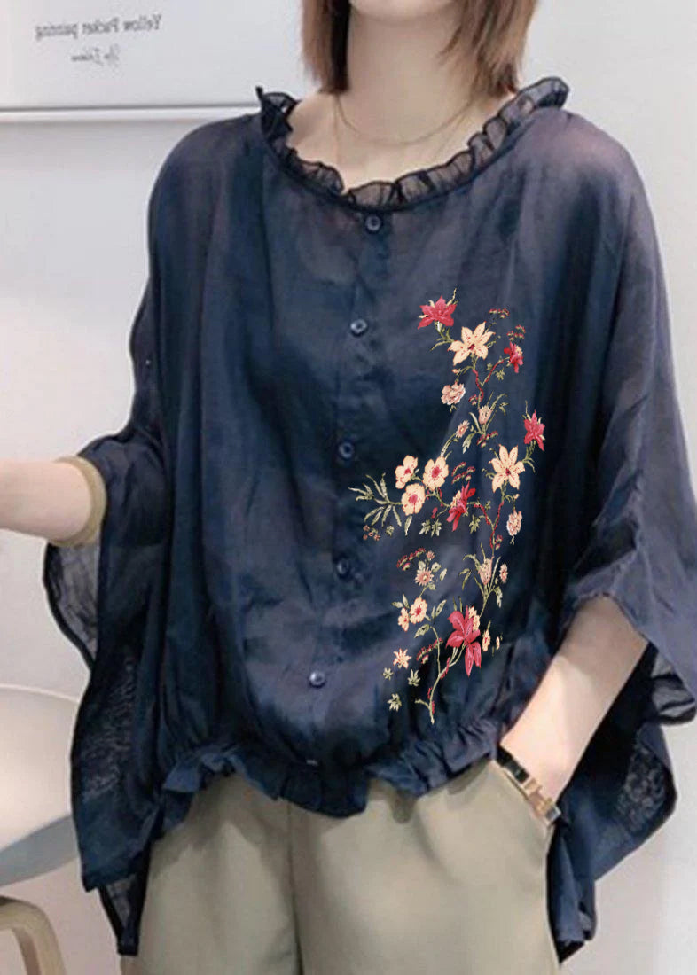 Art Black Print Tops Ruffles Trim Half Sleeve Shirts Blouse
