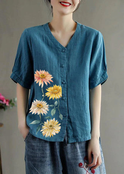 Loose Pink V Neck Embroideried Summer Cotton Blend Shirt