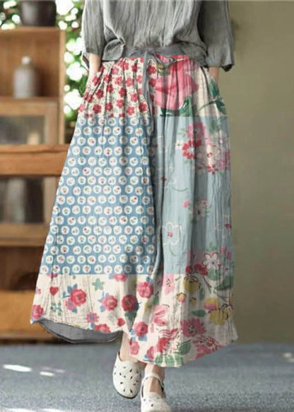 Blue Texture Pockets Wrinkled Tie Waist Linen Skirt Summer