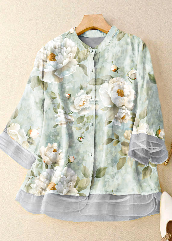 Blue Flower Stand Collar Embroidered Patchwork Cotton Shirts Bracelet Sleeve