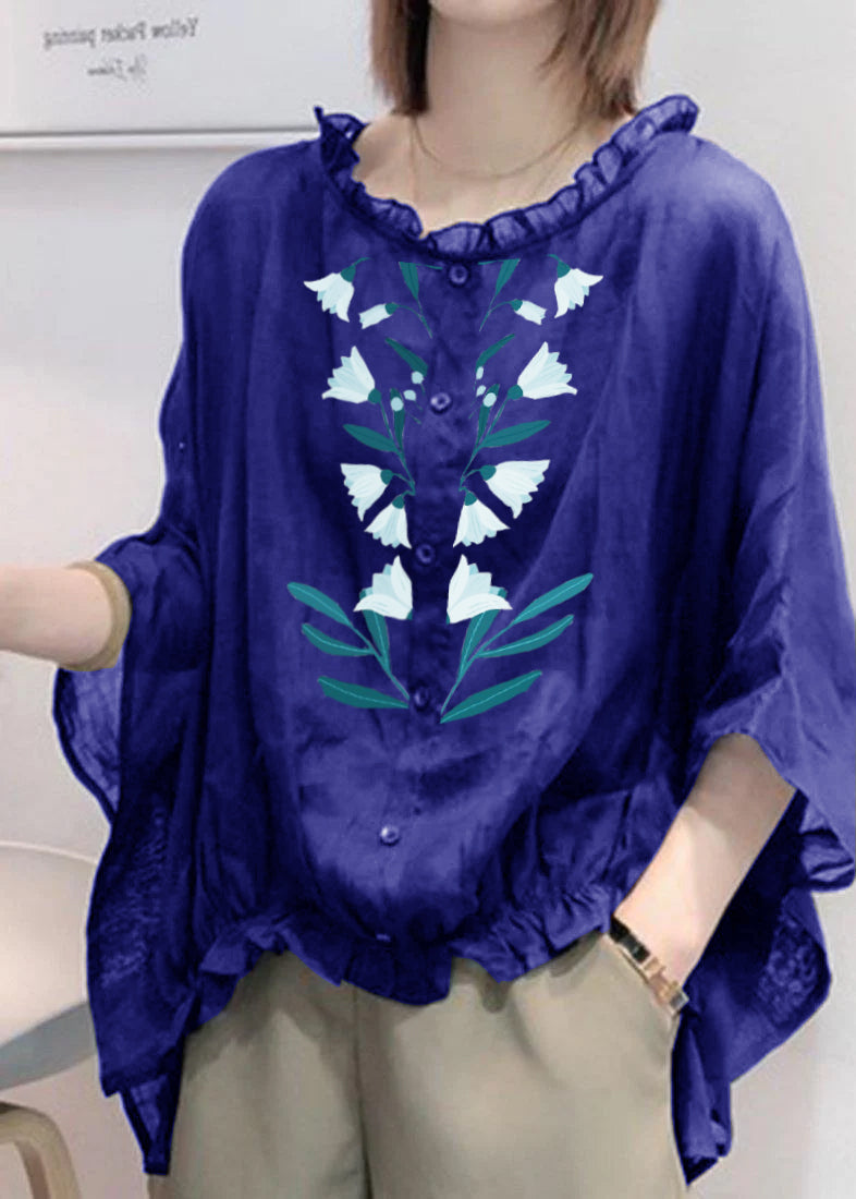 Art Green Print Tops Ruffles Trim Half Sleeve Shirts Blouse
