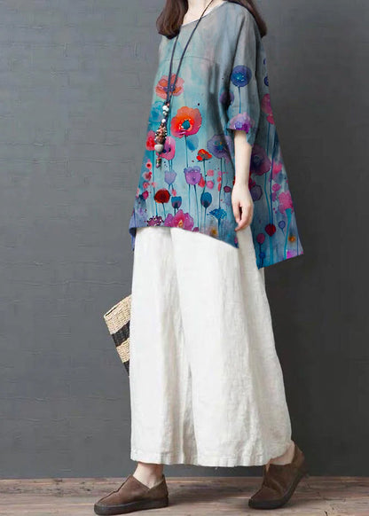 Handmade Blue Linen Cotton Low High Design Shirt Top