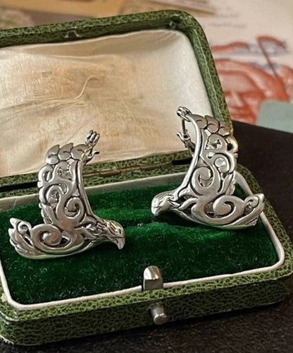 Retro Silk Sterling Silver Carve Bird in Flight Hollow Out Hoop Earrings