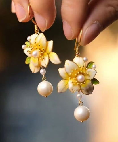 Stylish Yellow Sterling Silver Alloy Pearl Tassel Drop Earrings