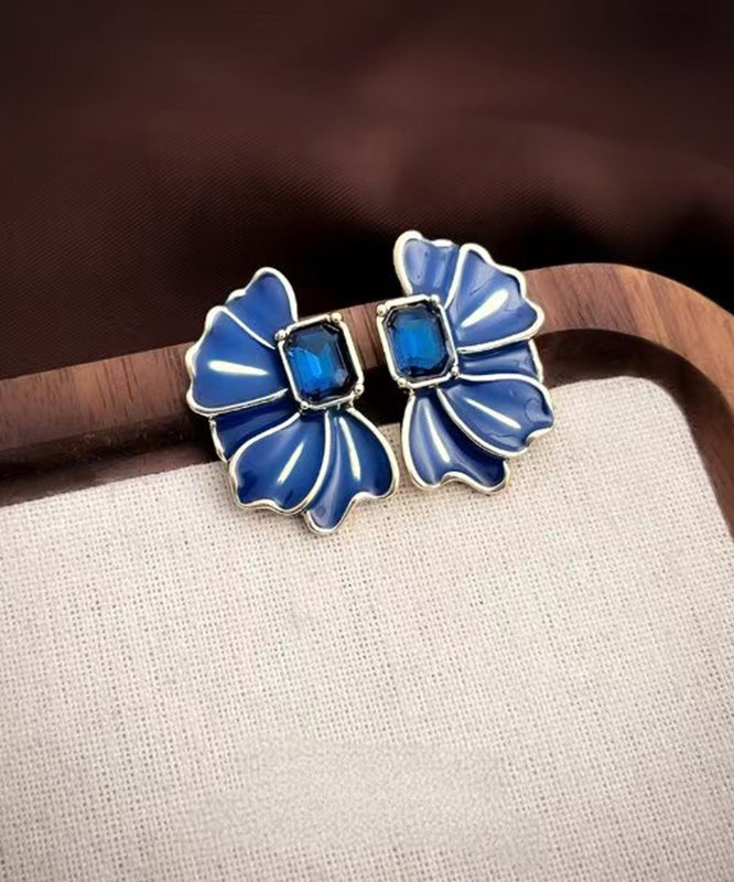 Blue Alloy Crystal Drip Glaze Petal Stud Earrings