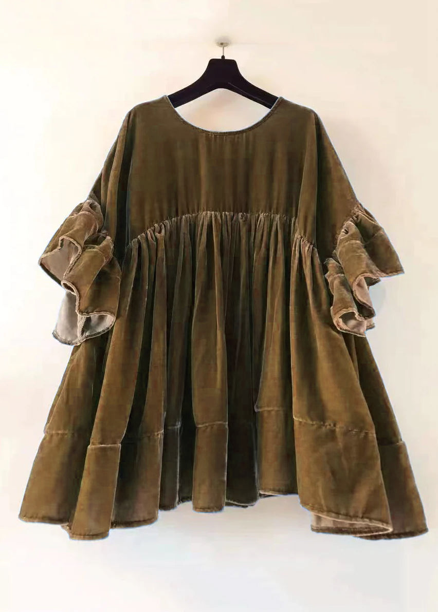 Green Wrinkled Patchwork Velour Short Dress Butterfly Sleeve