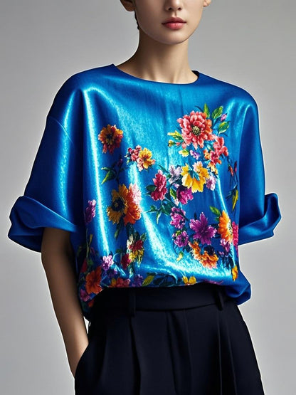 Fitted Oil Painting Color Scheme Patchwork Silk Tops Summer