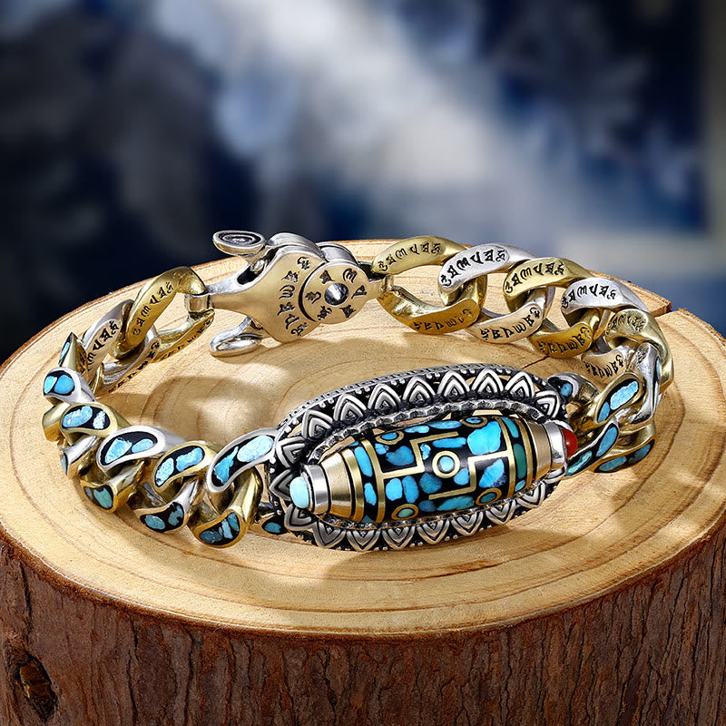 Buddha Stones Tibetan Nine-eye Dzi Bead Om Mani Padme Hum Turquoise Protection Rotatable Bracelet