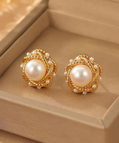 French Gold Copper Overgild Zircon Pearl Fried Dough Twist Stud Earrings