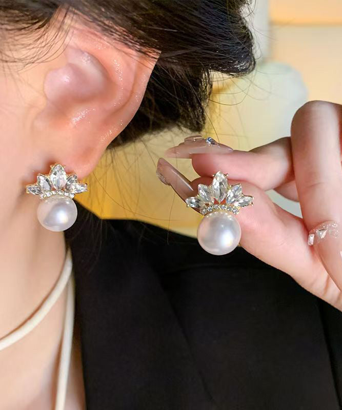 Gold Copper Alloy Zircon Leaf Pearl Stud Earrings