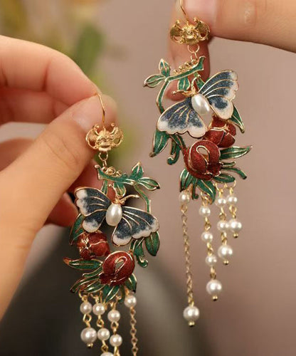 Gold Sterling Silver Overgild Pearl Butterfly Tassel Drop Earrings