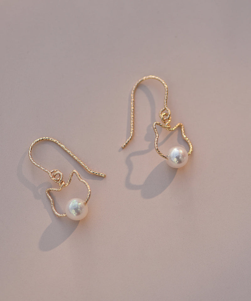 New Gold Alloy Pearl Little Cat Drop Earrings