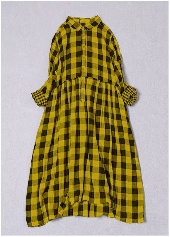 Yellow White Plaid Peterpan Collar Pockets Button Fall Patchwork Dresses