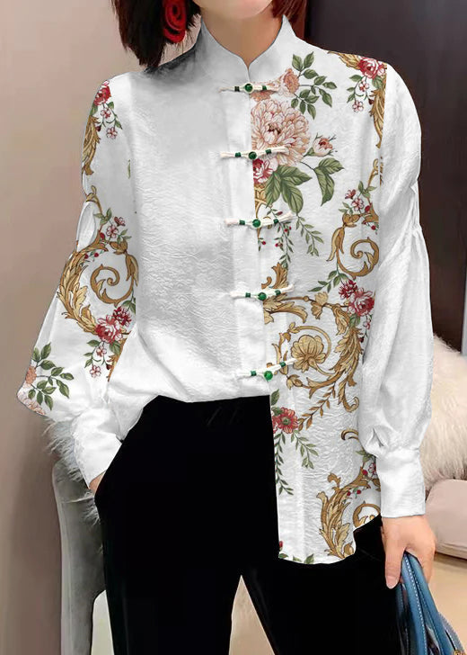Chinese Style White Texture Stand Collar Button Jacquard Silk Blouse Tops Lantern Sleeve