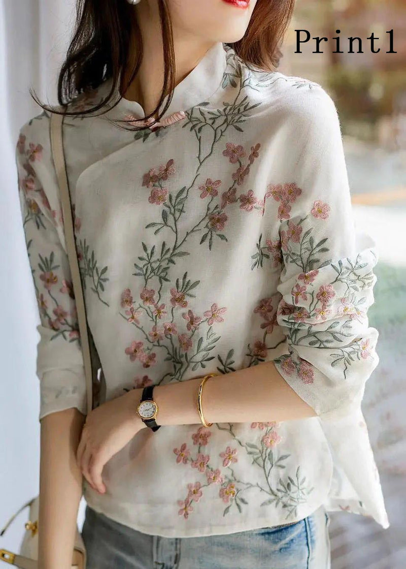 Unique Bamboo Pattern Print Linen Blouses Spring