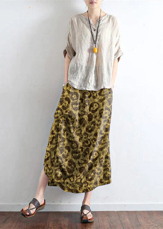White Flowers and Birds Oversized Linen Skirts Asymmetrical Design Elastic Waist Long Skirt