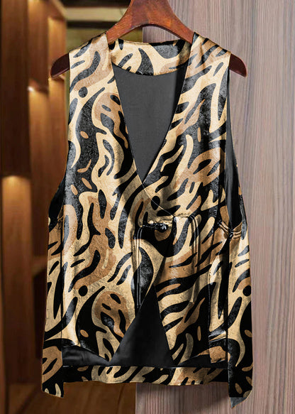 Loose Yellow Flower Asymmetrical Button Silk Waistcoat Sleeveless