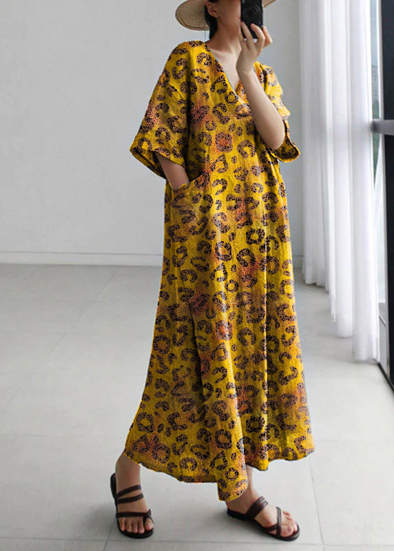 Grey Peter Pan Collar Pockets Linen Long Dresses Short Sleeve