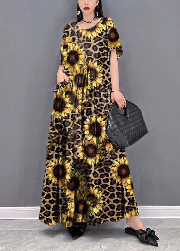 Blue Geometry O-neck Print Pockets Long Dresses Short Sleeve