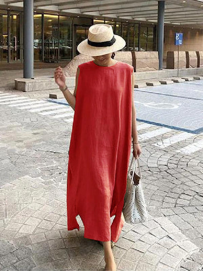 O Neck Side Open Linen Cotton Clothes Fabrics Color Geometry Dress
