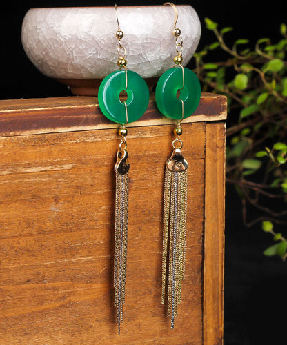 Green 14k Gold Ping Buckle Chalcedony Tassel Drop Earrings