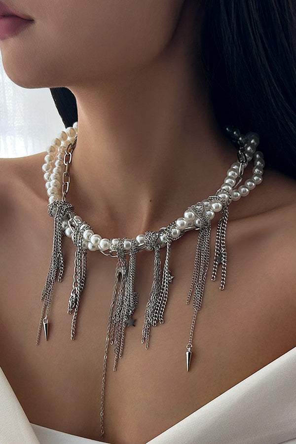 Pearl Beaded Tassel Heart Chain Necklace