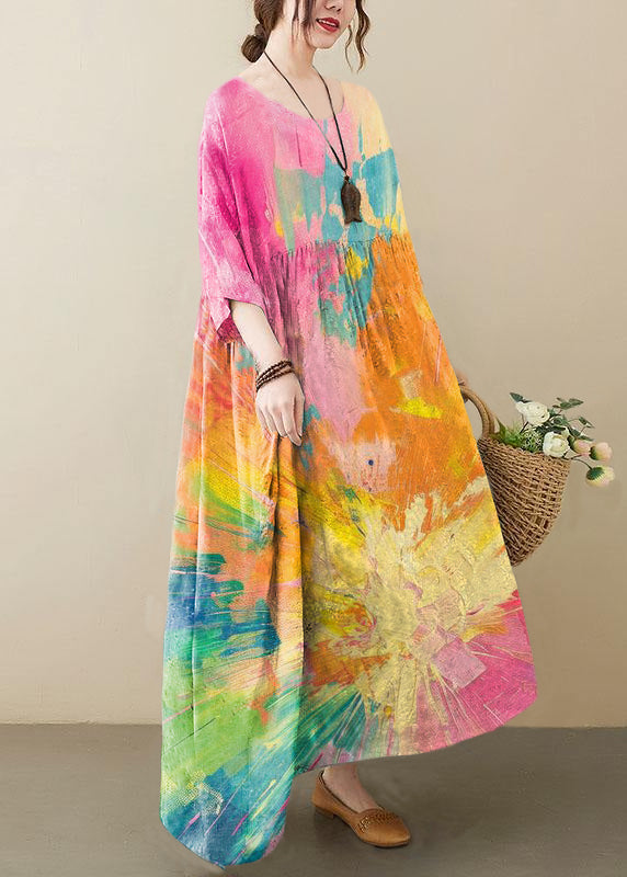 Grey O-neck Patchwork Print Half Sleeve Summer Long Dress