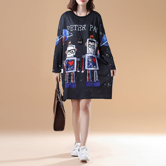 Cartoon Print Fall Black Cotton Dresses Long Sleeve Shift Dress