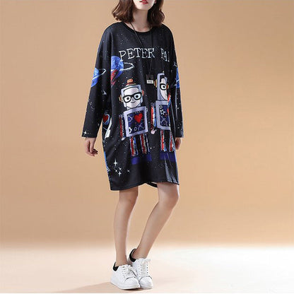 Cartoon Print Fall Black Cotton Dresses Long Sleeve Shift Dress