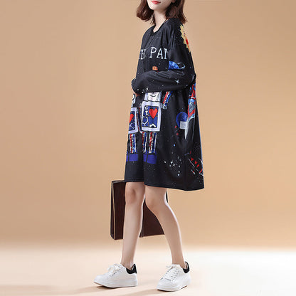 Cartoon Print Fall Black Cotton Dresses Long Sleeve Shift Dress