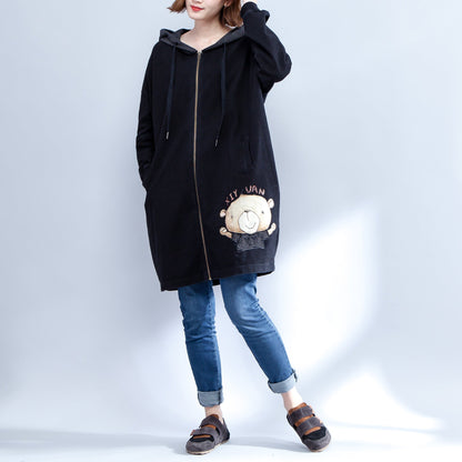 Cartoon Prints Black Cotton Trench Coats Thick Fit Cardigans Outwear