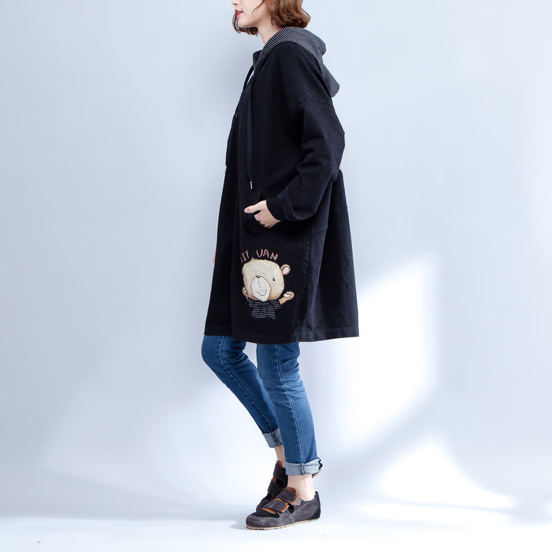 Cartoon Prints Black Cotton Trench Coats Thick Fit Cardigans Outwear