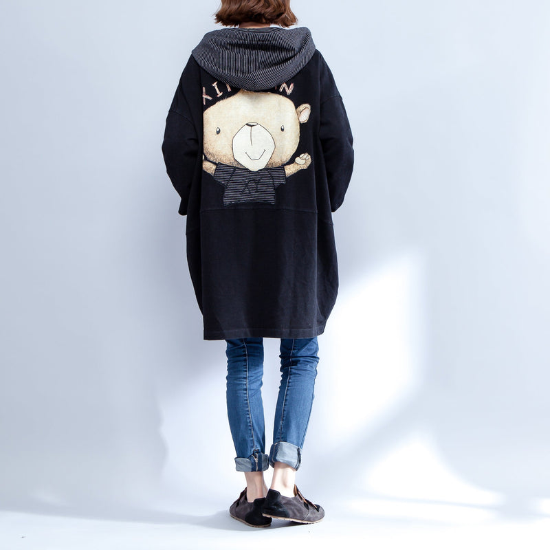 Cartoon Prints Black Cotton Trench Coats Thick Fit Cardigans Outwear