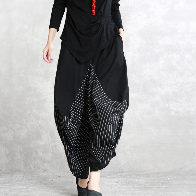 Black Striped Cotton Blended Wide Leg Pants Elastic Waist Stylish Pants