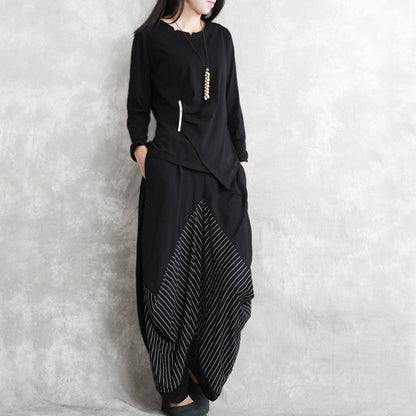 Black Striped Cotton Blended Wide Leg Pants Elastic Waist Stylish Pants