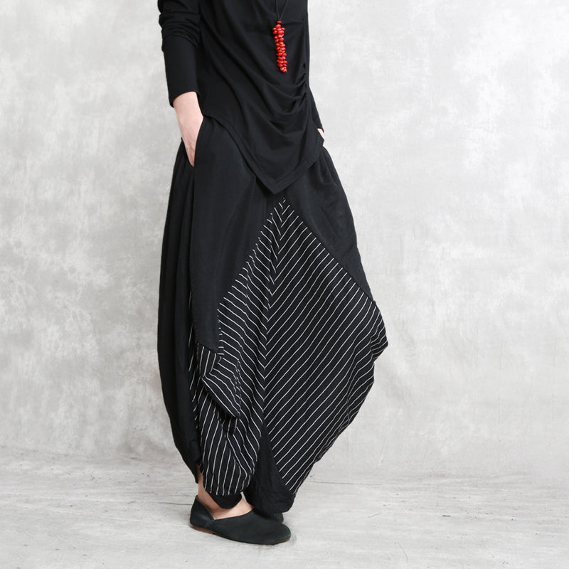 Black Striped Cotton Blended Wide Leg Pants Elastic Waist Stylish Pants