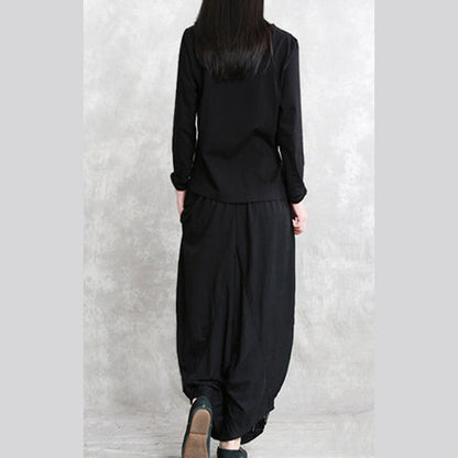 Black Striped Cotton Blended Wide Leg Pants Elastic Waist Stylish Pants
