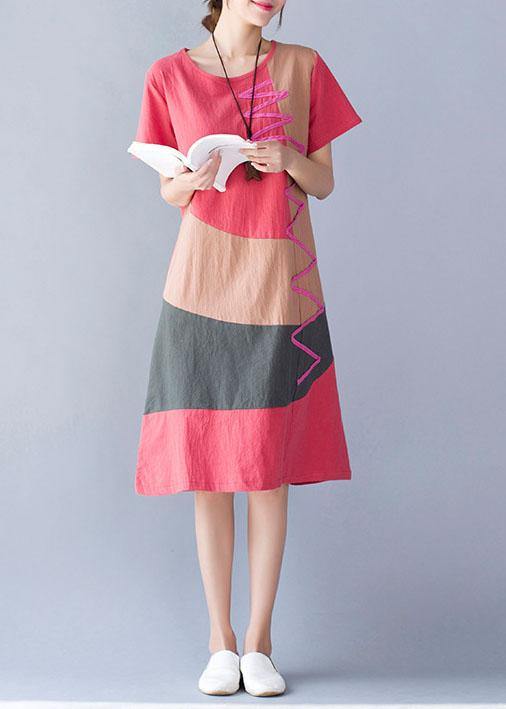 Cotton Linen O Neck Khaki Short Sleeve Dresses Summer