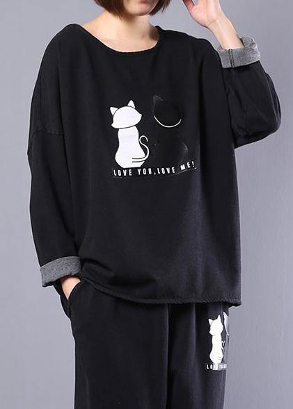 Cotton Cats Prints Two Pieces O Neck Long Sleeve Tops and Elastic Waist Drawstring Pants