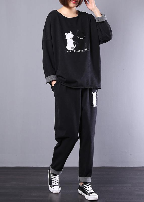 Cotton Cats Prints Two Pieces O Neck Long Sleeve Tops and Elastic Waist Drawstring Pants