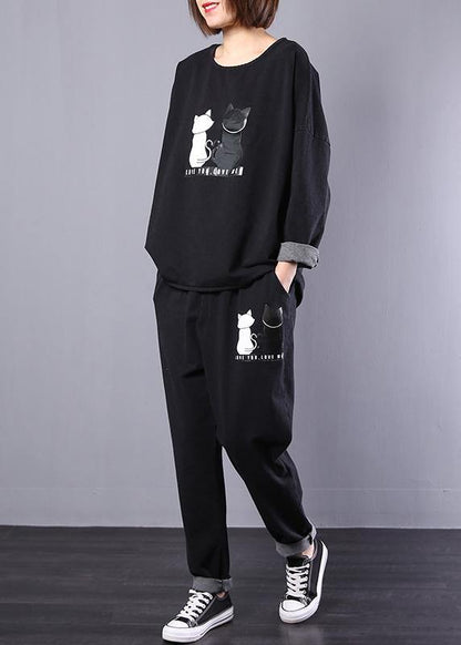 Cotton Cats Prints Two Pieces O Neck Long Sleeve Tops and Elastic Waist Drawstring Pants