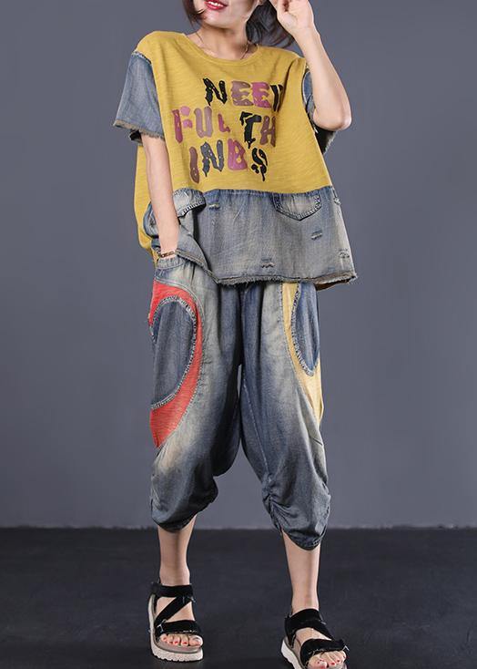 Cotton Yellow Two Pieces Loose Patchwork Tops and Elastic Waist Pants