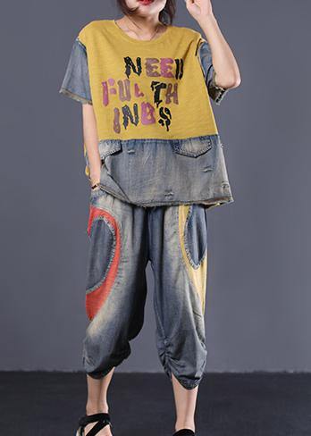 Cotton Yellow Two Pieces Loose Patchwork Tops and Elastic Waist Pants