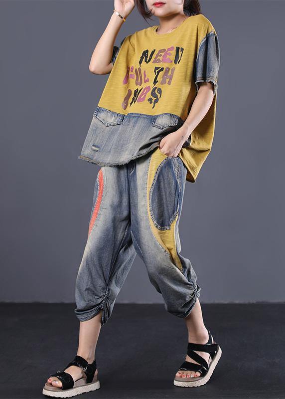 Cotton Yellow Two Pieces Loose Patchwork Tops and Elastic Waist Pants
